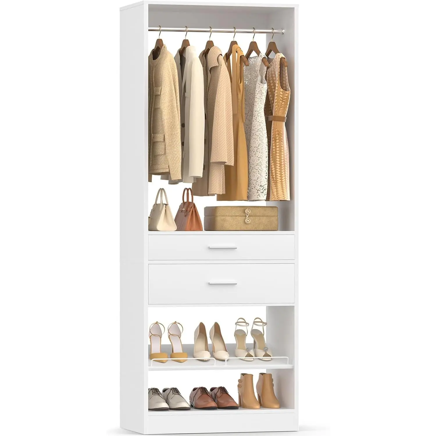 Unikito Minimalist Armoire Closet Organizer - 25”W x 80”H Single Modern Wooden Wardrobe with Hanging Rod, 2 Wooden Drawers, Adjustable Angled Shoe Rack, Adjustable Shelf, Wall-Anchored Sturdy Clothes Armoire for Bedroom, Space Saving Wardrobe