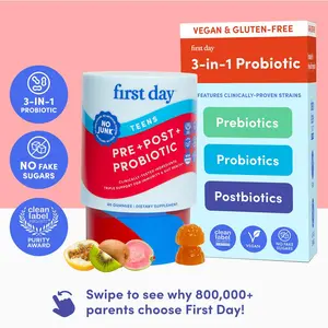 First Day Teen Age 13-17 Probiotic Gummies 3-in-1 – Pre, Pro & Postbiotics Gummy Vitamins for Gut Health, Clear Skin, Immunity and Bathroom Support – Tropical Kiwi Flavor – 30-Day Supply