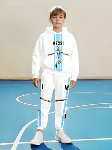 Boys Football Inspired Player 3D Printed Hooded Set, Elastic Polyester Blend, Long Sleeve Casual Athletic Sweatshirt and Sweatpants for Spring & Fall