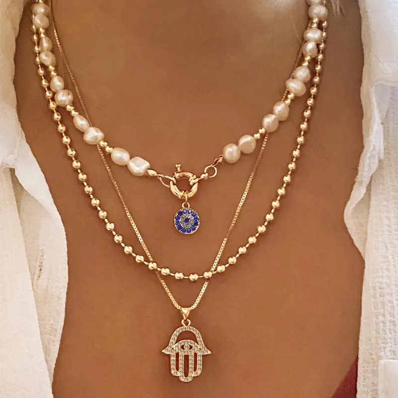 Stylish Alloy Diamond Multi Strand Necklace Featuring Eye and Hand Charm with Pearl Accents for Women