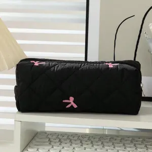 1pc Bowknot Decor Large Capacity Student Pencil Case, Ditsy Floral Pattern Desk Storage Pouch, Portable Stationery Organizer,Pencil Pouch,School Bag, Office Supplies