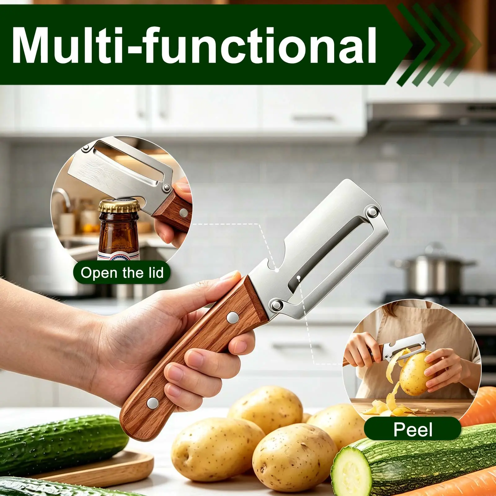 Vegetable Peeler Wooden Handle Sharp Stainless Steel Blade for Fruit | 2-in-1 Multifunctional Peeler,Anti-slip,Zero Snag,Built-in Bottle Opener,Peelers for Kitchen Veggie Potato Pumpkin Apple