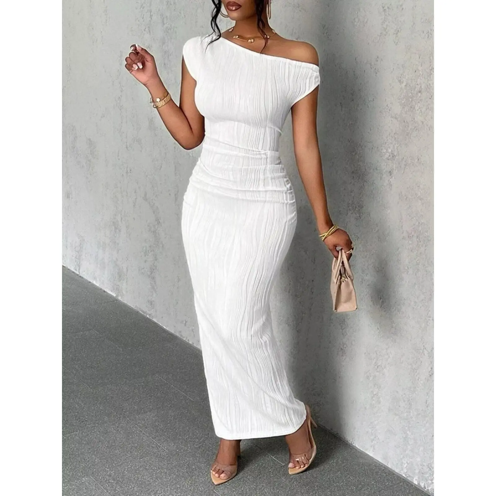 One-Shoulder Textured Maxi Dress in White Ruched Stretchy 100% Polyester Machine Wash Cold Tumble Dry Low S M L XL Sizes Hollow Stripped