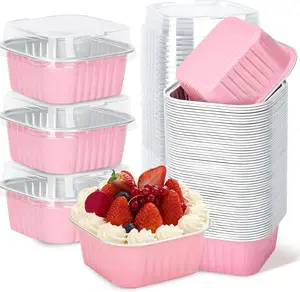 30Pack 5oz Pink Mini Cake Pans with Lids Baking Cups Aluminum Foil Pans Tins, Individual Dessert Cups Containers for Sales,Party,Picnics