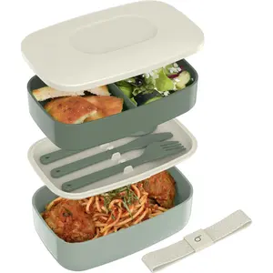 Classic - Adult Bento Box, Stackable 3-Compartment Lunch Box with Removable Utensil Set and Sealing Strap, BPA-Free, Food Container Ideal for Meal Prep, Work, and On the Go (Khaki Green) Stylish Tableware