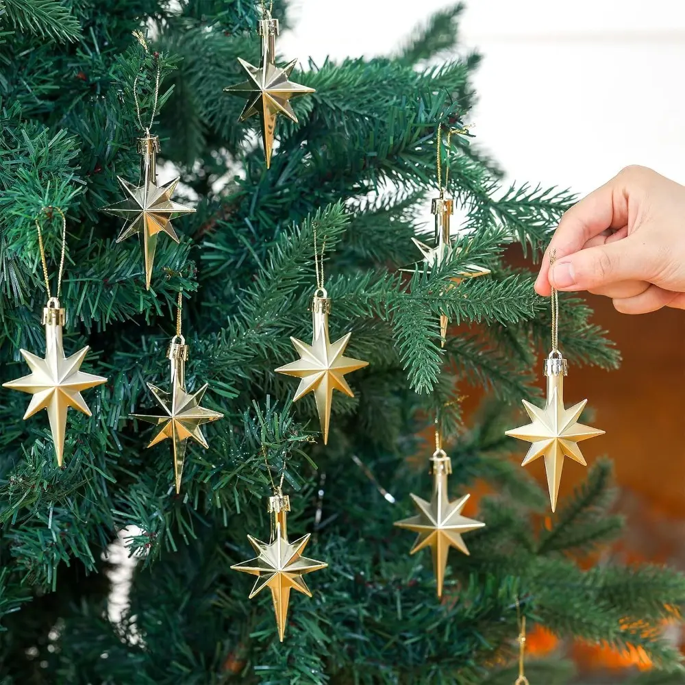 12pcs Octagonal Star Christmas Pendants - Indoor Recreation Holiday Decor, Suitable for Christmas Trees, Fireplaces, Reusable Gift for Family Party