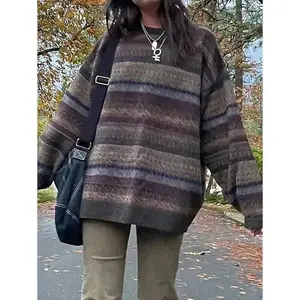 Women Striped Pullover Sweater Casual Knit Long Sleeve Crewneck Vintage Preppy Style Pullover Sweatshirts Knitwear