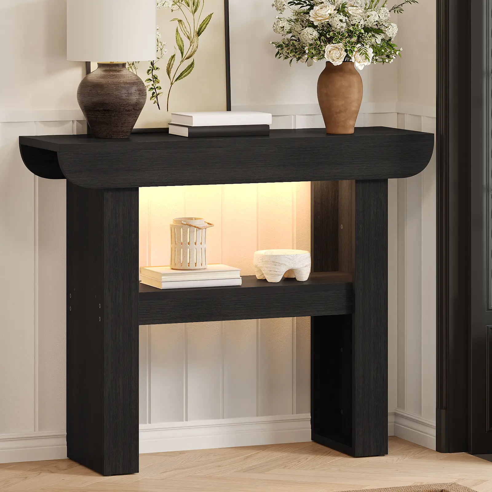 39 Inches Black Console Table, Entryway Table with Storage Narrow Modern Accent Tables with LED Lighted Foyer Table for Living Room, Entryway, Hallway
