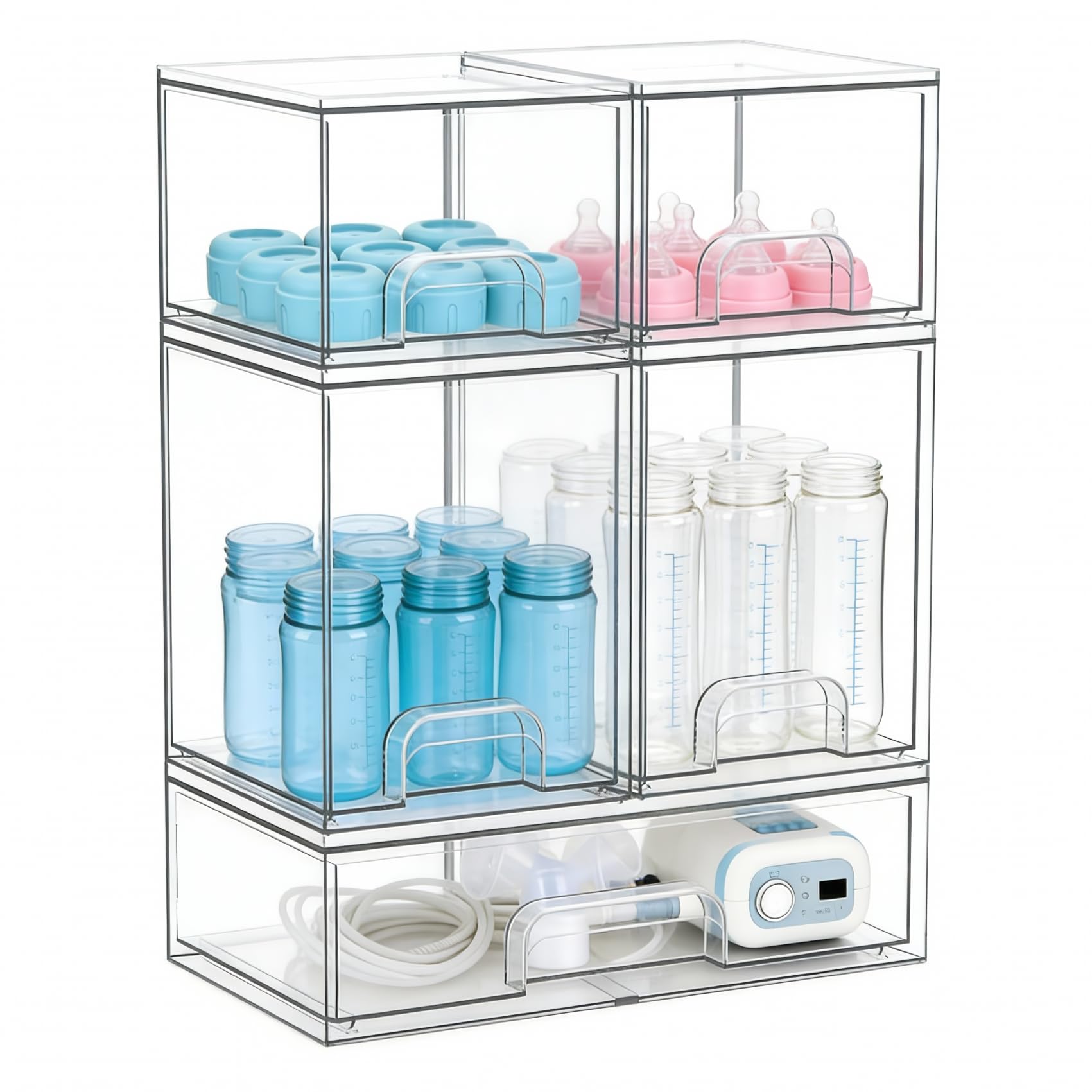 Stackable Storage Drawers Set of 5, Clear Plastic Organizer Bins for Baby Bottle, Beauty Supplies Storage, Ideal for Kichen Countertop, Vanity, Bathroom, Cabinet, Pantry Organization