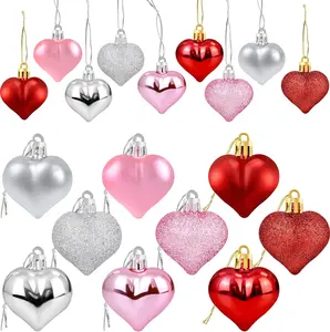 Valentine's Day Heart Shaped Ornaments Set | Romantic Heart Decorations | Glitter Red Pink Silver Baubles | Tree Hanging Decorations for Christmas and Valentine's Day