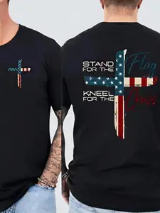 100% Cotton Cute Shirts Patriotic Christian Faith T-Shirt, Stand For The Flag, Kneel For The Cross Religious Shirt, Cross Design Men's T-Shirt Showing American Pride, Conservative Christian Cotton Clothing Easter Gifts
