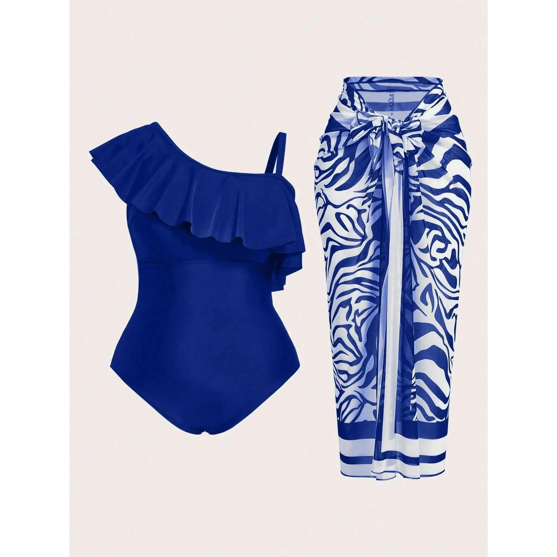 Women's Plus Size 2-Piece Knitted Swimsuit - Blue Baroque Print, Asymmetrical Neck, Skirted Bottom, Wireless Bra, Ruffle, Elastane Fabric, Belted, Elegant Independence Day Swimwear, Independence Day Swimsuit, Plus Size Swimsuits