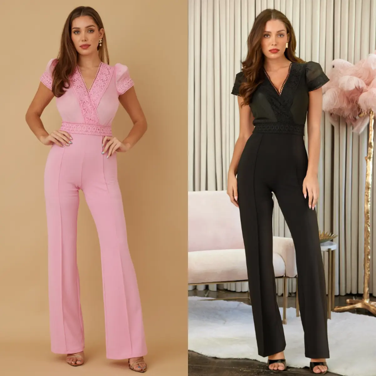 FLOWER PRINT CHIFFON JUMPSUIT - CAP SHORT SLEEVE - CRISS CROSS V NECK - EMBROIDED FLOWER PATTERN - SHEER DETAIL ON BACK WITH ZIPPER