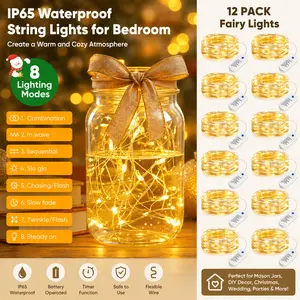 2 Pack Fairy Lights Battery Operated String Lights, 7ft 20LED Warm White Waterproof Silver Wire Twinkle Lights with 8 Modes for Mason Jars, DIY Crafts, Christmas, Wedding, Party, Bedroom, Table Centerpieces and Holiday Decor