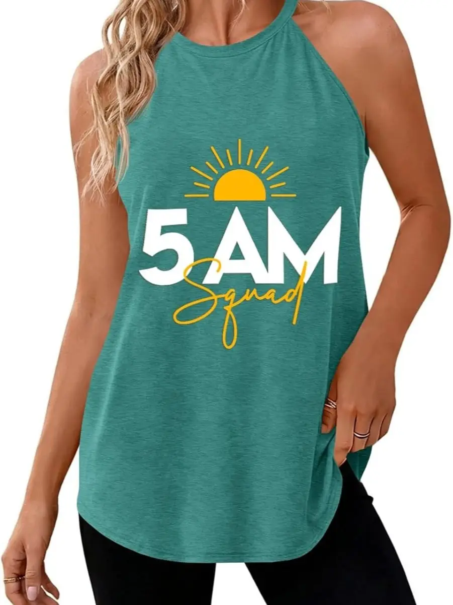 Fisoew Womens Halter Workout Tank Tops Summer Graphic Sleeveless Casual Loose Tee Shirts Racerback Athletic Cami Shirt