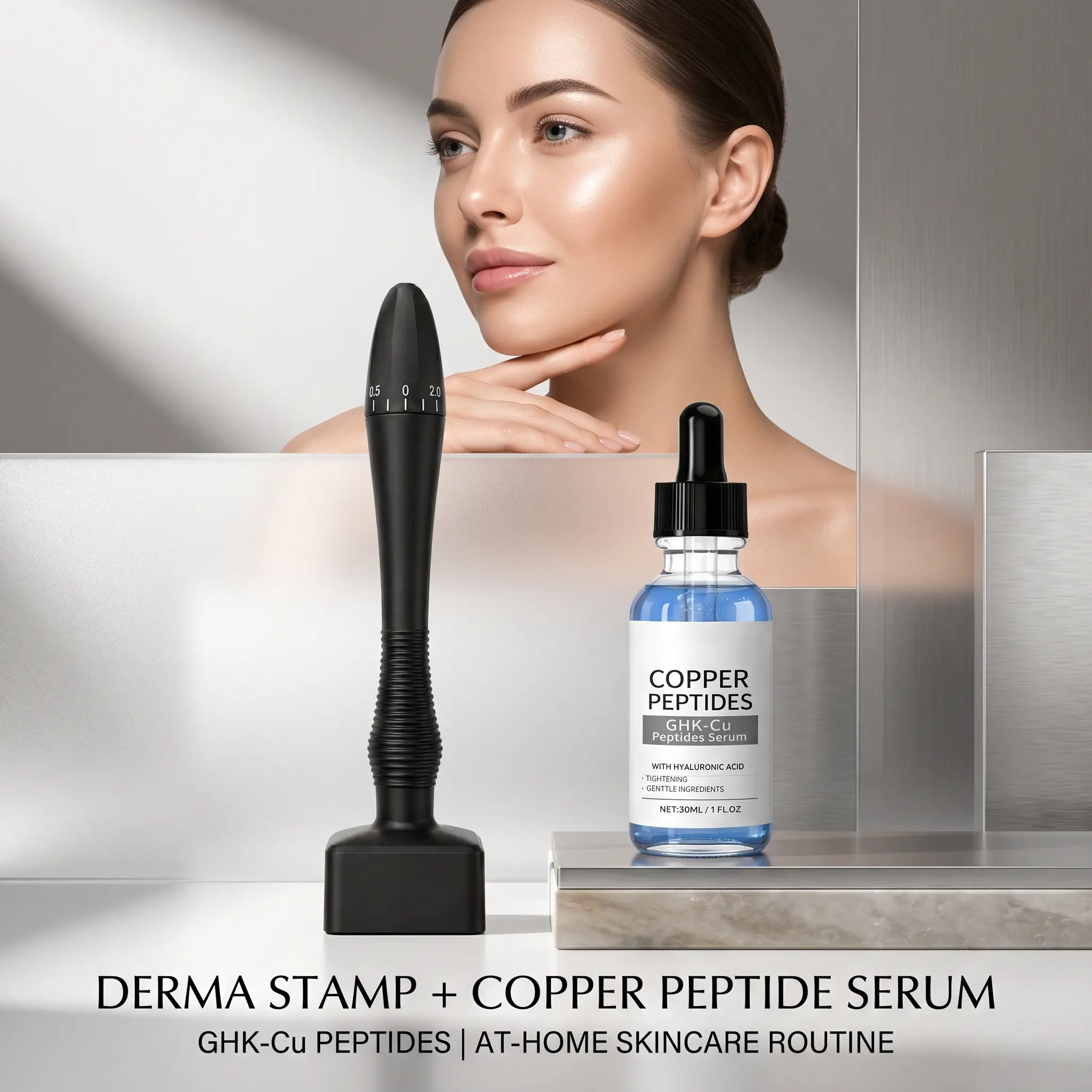 Cosmetic Compact Derma Stamp Microneedle Tool Kit - Adjustable Skincare Stamp, Copper Peptide GHK-Cu Facial Serum for At-Home Beauty Routine