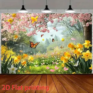1pc 2D Flat Spring Garden Charm Banner, Multicolor Reusable Polyester Indoor Backdrop, Wedding Party & Birthday Decor Accent with Vibrant Butterflies & Flowers for Natural Energy, Indoor Backdrops