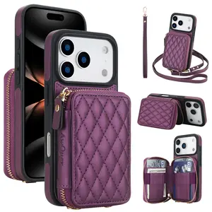 Crossbody Wallet Phone Case for iPhone 17 Pro Max 16 15 14 13 12 11, PU Leather RFID Blocking Flip Cover with Zipper Pocket Card Holder Kickstand Wrist Strap Adjustable Lanyard