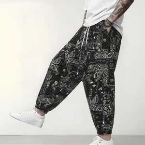 Menswear Men's Paisley Bandana Print Harem Pants - Elastic Waist Streetwear Joggers, Lightweight Casual Trousers