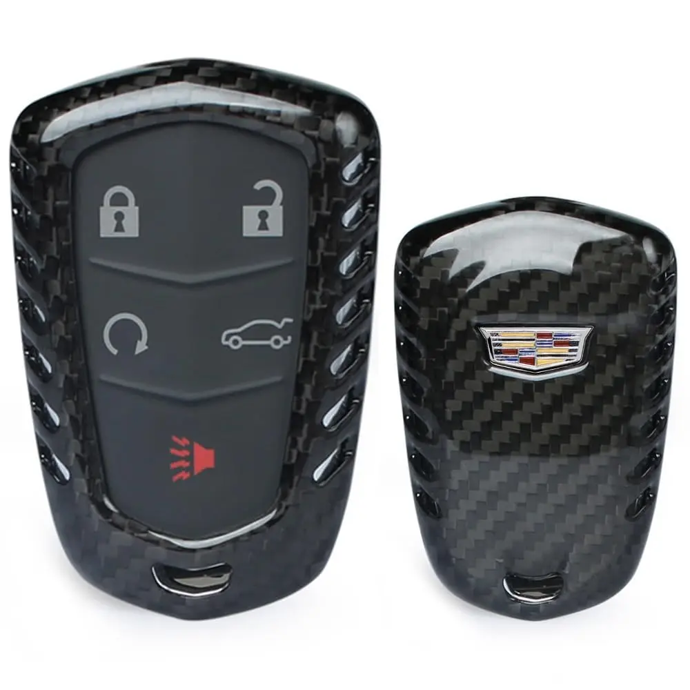 iJDMTOY Gloss Black Genuine Real Carbon Fiber Key Fob Protective Cover Case For Cadillac 2015-19 ATS CTS CT6 ELR XTS XT5 SRX Escalade Shield Shape Smart Keyless
