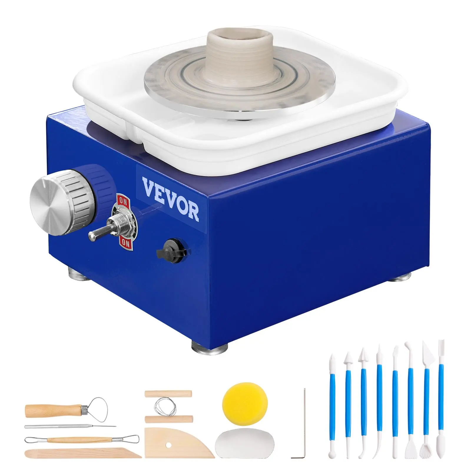 【Summerfinds】VEVOR Mini Pottery Wheel,  for Kids or Beginners, 2 Turntables 2.6in/3.9in Ceramic Wheel Machine, Adjustable 0-300RPM Speed ABS Detachable Basin, 17 Pottery Accessories, Work Art Craft DIY, 30W, Blue