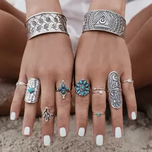 Silver Turquoise Boho Ring Set of 9 Rings