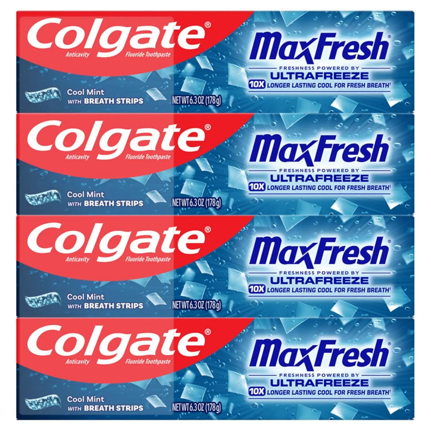 Colgate MaxFresh Fluoride Toothpaste, Clean Mint, 4 Pack, 6.3 oz | Fresh Breath Toothpaste with Mini Breath Strips, Bulk Size, Fluoride Formulated