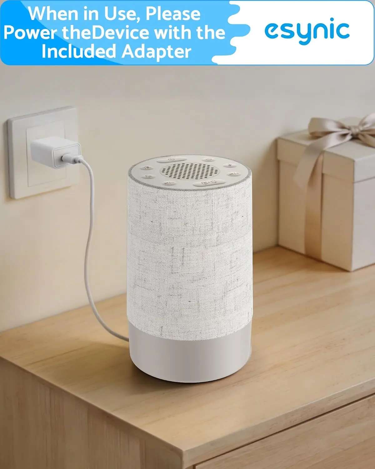 eSynic Portable White Noise Machine Baby with Cry Sensor & Night Light Rechargeable Mini Sound Machine for Adults Sleep Travel| Dimmable| 195g Lightweight| Wireless Connect| 3-Timer| Hanging Loop
