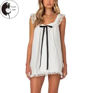 WomenMiniDressLaceTrimFlySleeveBowknotEmbellishedShortDressSummerFashionCasualDress