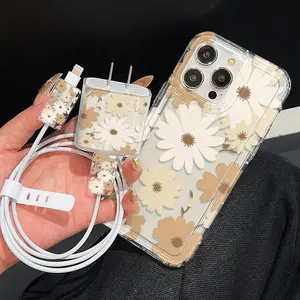 5-Piece iPhone Case Set with Transparent Metal Frame, Includes 1 Charger Sleeve, 2 Cable Protectors, Silicone Cable Tie for iPhone Models 11 to 15