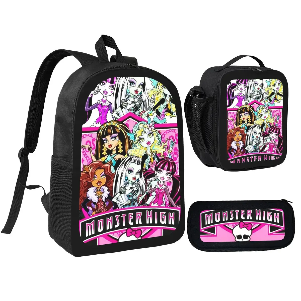 Monster High Themed School Set - Backpack, Insulated Lunch Bag & Pencil Case Combo, Spooky-Chic Design for Kids, Ideal for Back to School & Daily Use