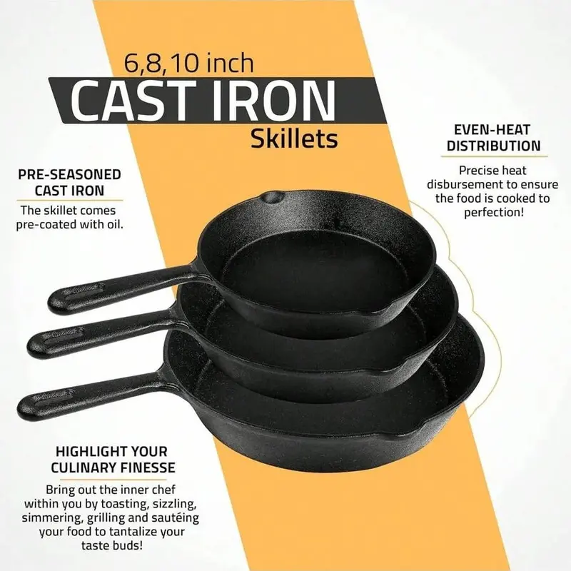 3Pcs Cast Iron Pan Pre-Seasoned Iron Skillet Set Heavy Duty Skillet Set With Pouring Lip For Grilling Searing Frying Baking 6 Inch 8 Inch And 10 Inch Black