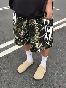 Men's Graphic Geometric Print Shorts, Branch Full Print Street Style Loose Fit Fitted Casual Athletic Outdoor Shorts, Spring & Fall Fashion, Breathable Fitted Shorts