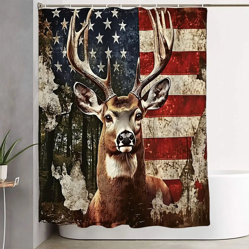 1/4pcs Patriotic Deer & American Flag Bathroom Set 4-Piece - Shower Curtain Sets, 2 Bath Mats, Toilet Seat Cover, Rustic Forest Patriotic Nature Decor, Bathroom Decoration Accessories, Perfect for 4th of July Memorial Day Decorations