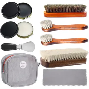 Shoe Shine Kit for  & Outdoor Use 10 count Shoe Polish Set with 4 Horsehair Brush Black & White Polishes ShoeHorn 2 Polishing Cloths for Men Women