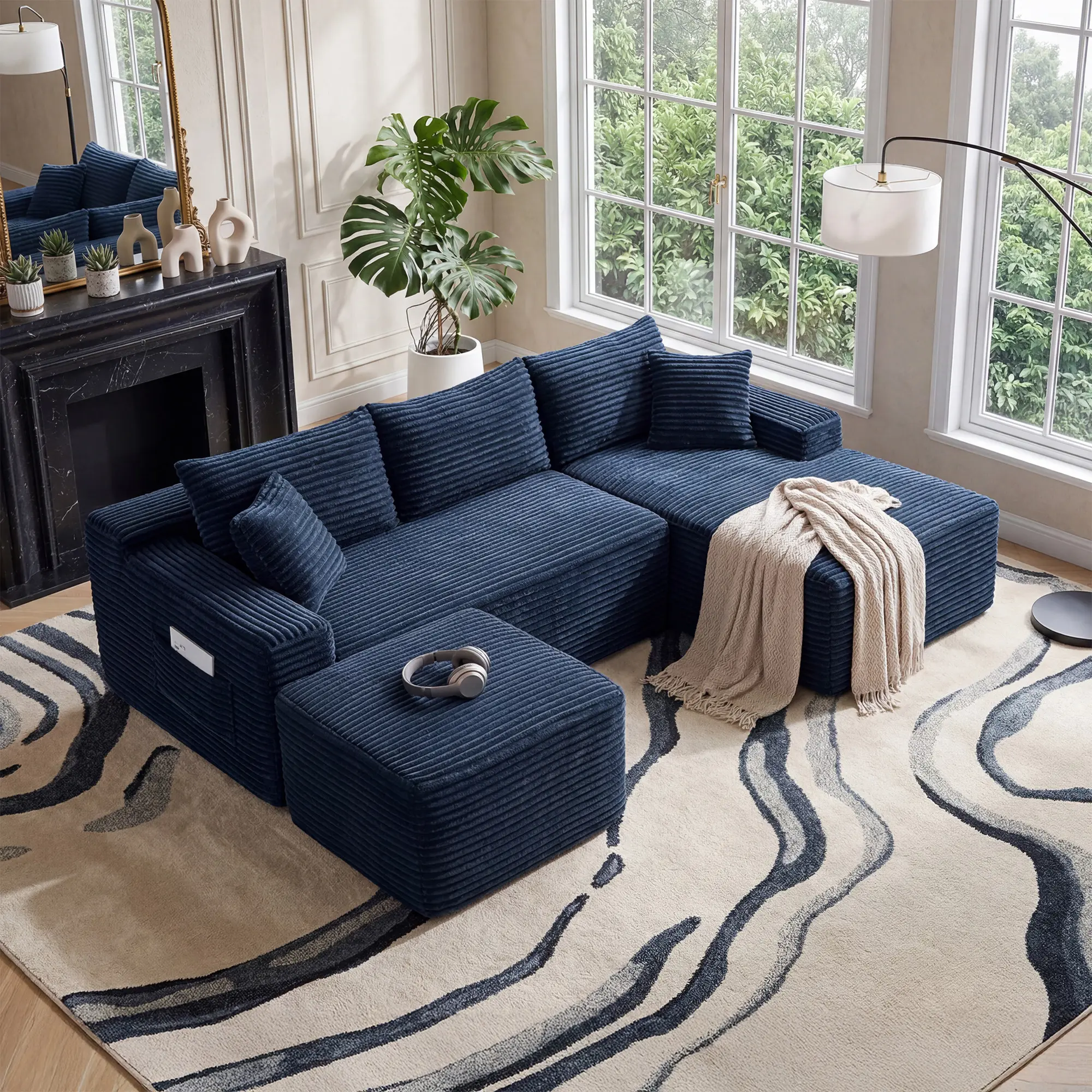 106.3" U-Shaped Cloud Sectional Sofa , 5-Seater Corduroy Modular Couch, Deep Seat Legless Floor Sofa, Vacuum Compressed No Assembly Sleeper For Living Room Apartment,Blue