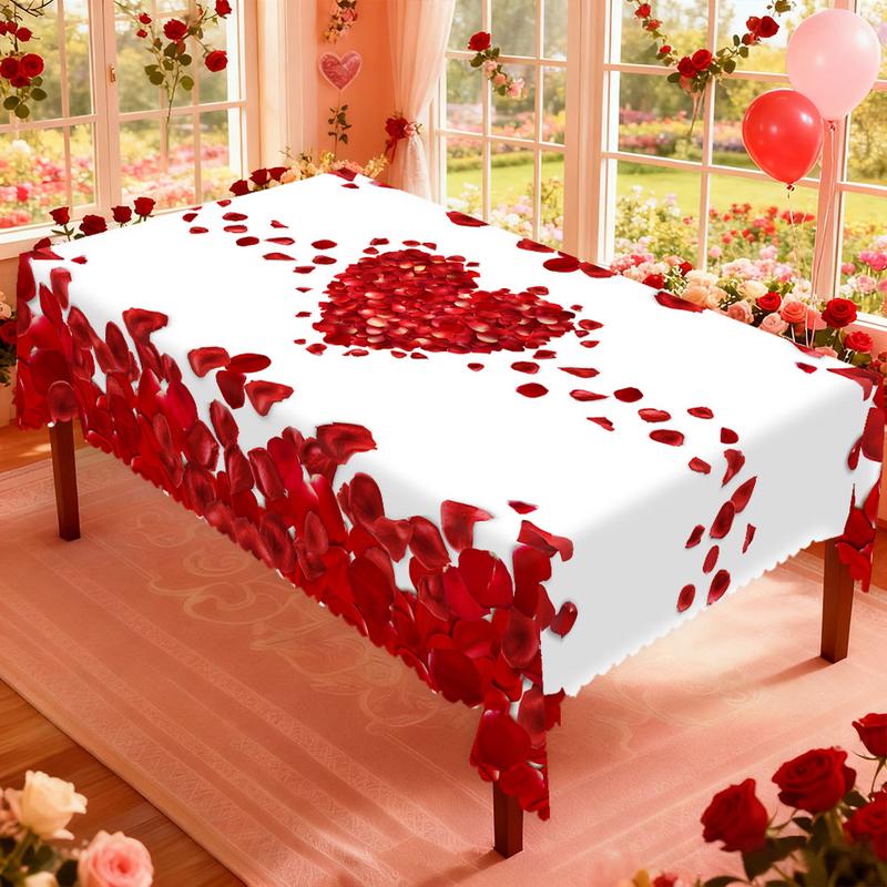 PUFMATE Romantic Valentine's Day Table Cover, Rectangle Round Table Cloth, With Rose Flower Love Heart Print Pattern, Wedding Decor, Candlelight Dinner Table Decoration, Outdoor Garden, Anniversary Party Decoration, Holiday Decoration,Valentine Gifts