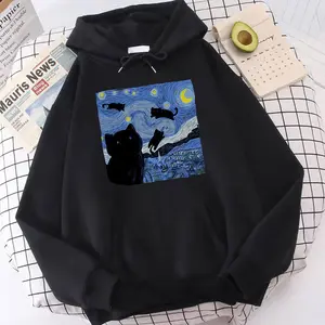 Star Sky Cat Night Print Hoodie Men's Women's Fall Winter Loose Hooded Sweatshirt Fashion Wool Sport Coat Casual S-3XL Pullover Top Womenswear Check Black comfort hoodie comfort hoodies