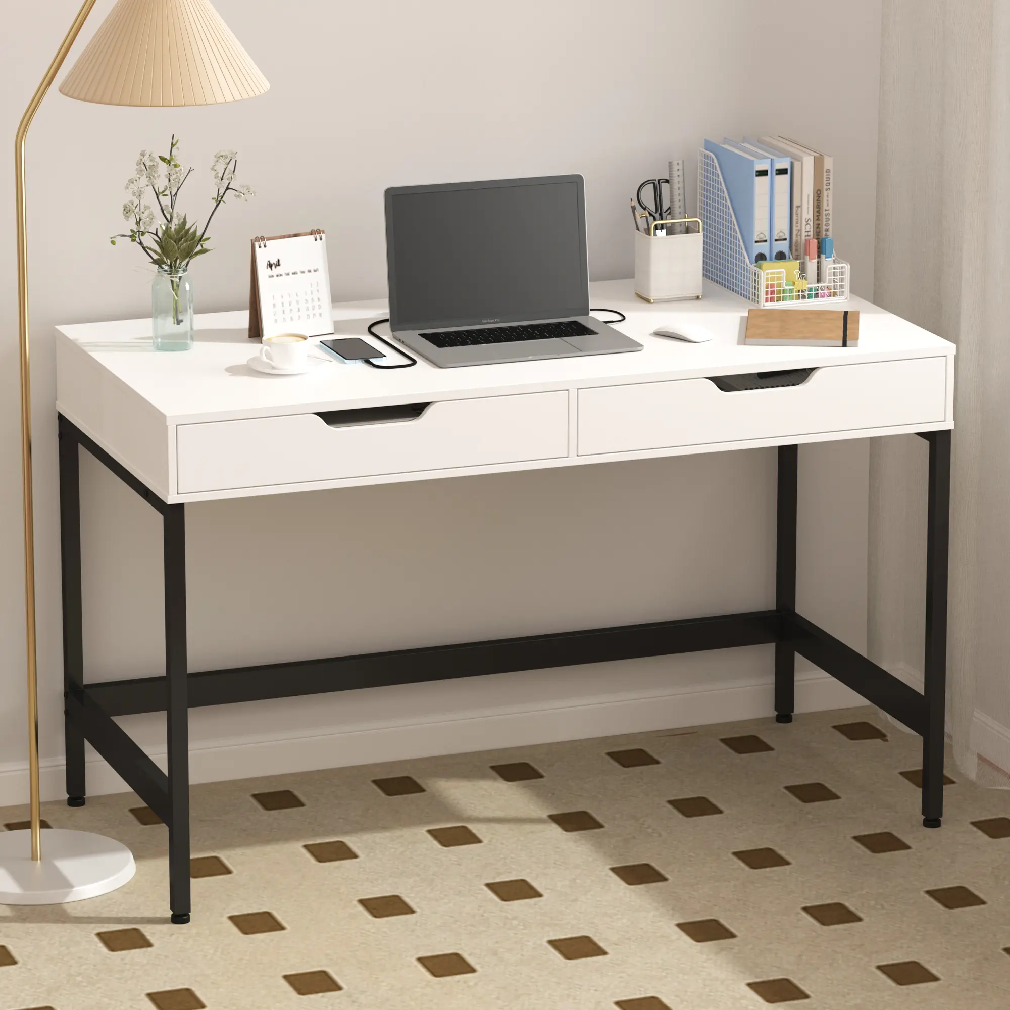 Naiyufa Writing Desk Home Office Computer Desks with 2 Drawers Modern White Finish for Study and Work with hiddenoncealed Compartment outdoorfun Pc Table