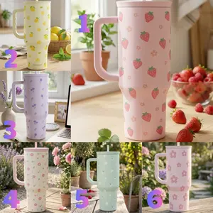 40oz Stainless Steel Tumbler 2026 – Insulated Travel Mug with Handle & Straw, Cute Strawberry Lemon Flower Cup, Keeps Drinks Hot & Cold, Gift for Women
