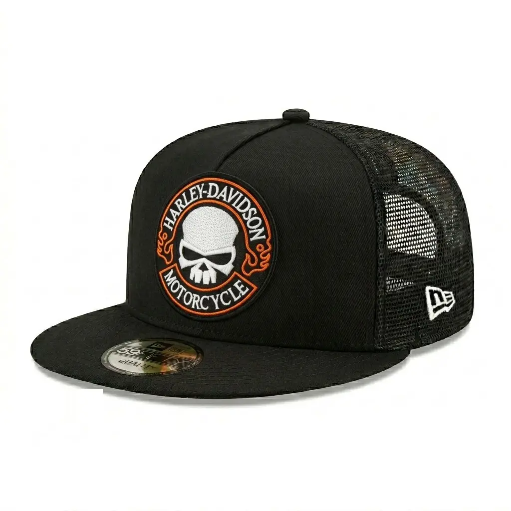 Vintage Motorcycle Skull Shield and Racing Badge Patch Variants Embroidered Trucker Hat, Black Mesh Flat Brim Snapback Cap, Adjustable Biker Streetwear Riding Hat for Men Women, Classic Moto Style Outdoor Gift for Riders, Collectors and Adventure Fans