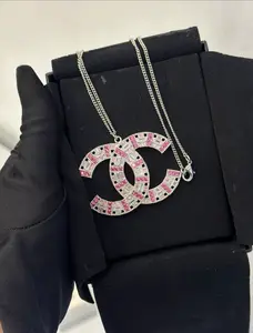 Pre-owned CC Logo Pendant Necklace with Pink and Clear Crystals