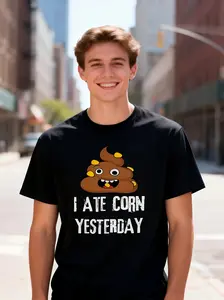 Funny "I Ate Corn Yesterday" Poop T-Shirt for Men & Women - % Cotton Black Short Sleeve Tee with Smiling Corn & Corn Cob Hair Design - H-Fit Casual Humorous Gift Idea for Parties, Pranks & Fart Jokes