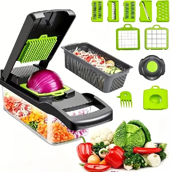 14-in-1 Multi-functional Vegetable Chopper with Large Capacity Collection Box | Stainless Steel Blades, Manual Operation, Includes Egg White and Yolk Separator, Easy to Clean, Suitable for Dicing, Slicing and Shredding Fruits and Vegetables