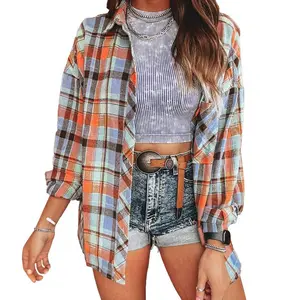 Mntaor Women's Winteroutfit Fashion Plaid Print Loose Vintage Shirt Blouse Long Sleeve Casual 100% Cotton Plaid with Classic Collar for All Seasons