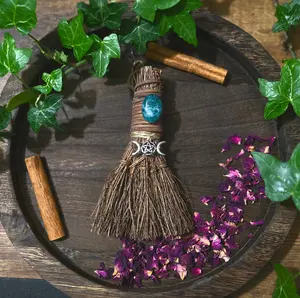 Handmade Triple Moon Pentacle Witch's Broomstick - 6 Inches, Moss Agate Handle, Handcrafted with Intentions of Protection and Love, Consecrate for Spell Work, Altar Decor, Home Care Sweeping Tool
