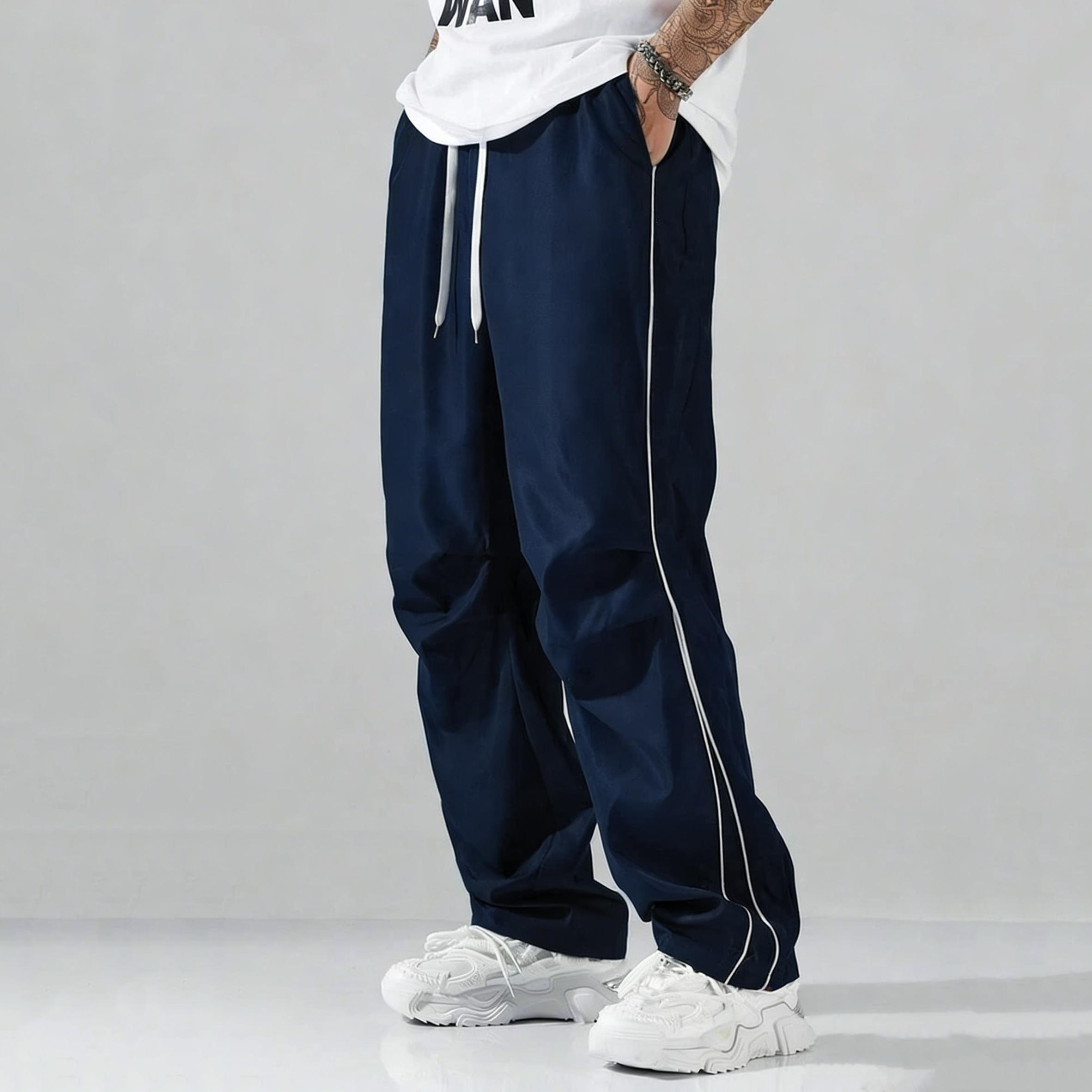 Unisex baggy wide-leg sweatpants; men’s casual athletic pants made from soft fabric with an elastic waistband and drawstring; loose fit with side stripes; breathable, lightweight sports fitness streetwear pants; all-day comfort and versatile for everyday