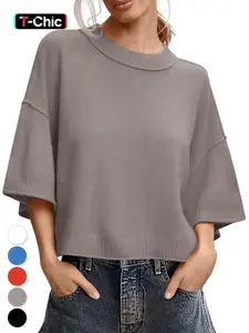 Women's Spring & Fall Plain Basic Loose-Fitting Half Sleeve Sweater, Casual Round Neck Knit Top, Short Clothing Length, Knitwear
