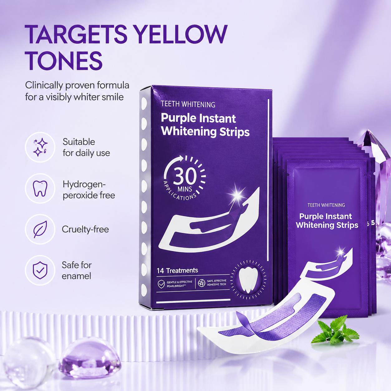 Purple Teeth Whitening Strips, 28 PCS Whitening Sessions, Color Correcting Formula, Peroxide-Free & Enamel-Safe, Gentle Daily Oral Care, Helps Reduce the Appearance of Surface Stains and Yellow-Toned Teeth for a Cleaner, Brighter-Looking Smile