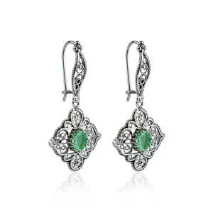 Sterling Silver Filigree Art Emerald Gemstone Woman Dangle Drop Earrings